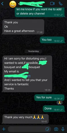 WhatsApp feedback showing satisfied customer recommending CatchOnTV IPTV subscription for reliable streaming experience