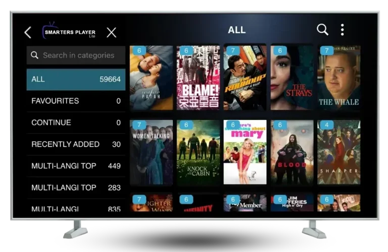 CatchOnTV IPTV service interface showing movie and TV show library with thousands of streaming options including popular titles and multi-language content