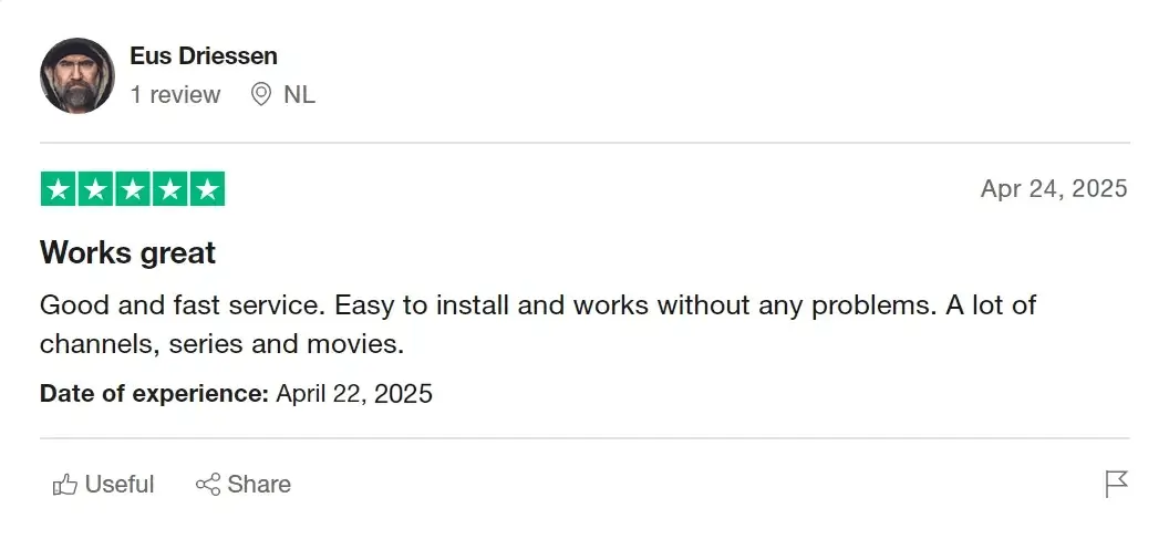 CatchOnTV IPTV Subscription - 5-star Trustpilot review from satisfied customer
