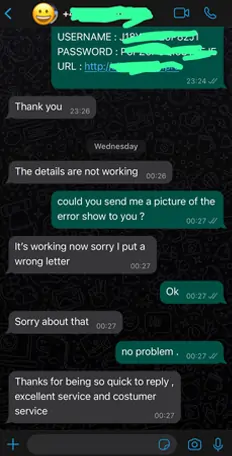 Excellent WhatsApp testimonial highlighting fast setup and premium content quality of CatchOnTV IPTV subscription