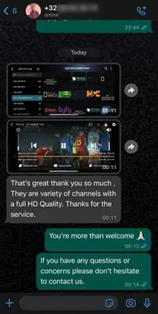 Positive WhatsApp customer review praising CatchOnTV IPTV subscription quality and extensive channel selection