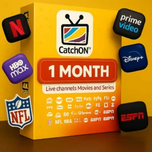 CatchON TV Live IPTV 4K 1 month plan box featuring streaming apps including Netflix HBO Max Disney Plus Prime Video ESPN NFL